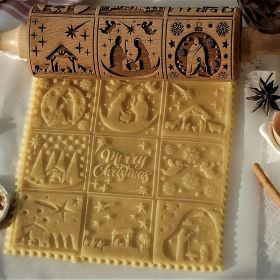 1pc Embossing Rolling Pin Christmas Pattern Xmas Wooden 3D Engraved Nativity With Jesus 9 Different Pattern Design For Baking Cookies