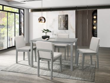 Grey Finish 5pc Dining Room Set Dining Table 4x Chairs Beige Fabric Chair Seat Kitchen Breakfast Dining room Furniture Rubberwood Veneer Unique Design