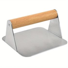 1pc; Burger Press; 304 Stainless Steel Meat Press; Round Or Square Burger Smasher; Grill Press Perfect For Kitchen Accessories; Home Kitchen Items (Material: Square Meat Press With Wooden Handle)
