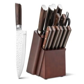 15 Pieces Stainless Steel Knife Block Set with Ergonomic Handle (Color: Silver, brown)